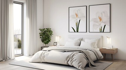 A Scandinavian bedroom with a black and white cityscape on the white wall and a bouquet of white lilies on the nightstand.
