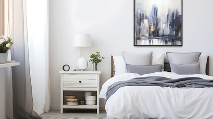 A Scandinavian bedroom with a black and white cityscape on the white wall and a bouquet of white...