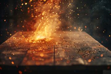 Background Image of Rustic Wooden Tabletop Ignites Imagination for Product Display with Smoke and Sparks - Powered by Adobe