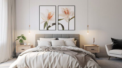 A Scandinavian bedroom with a black and white cityscape on the white wall and a bouquet of white...