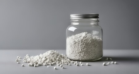  Pure white substance in a jar, spilled on a surface