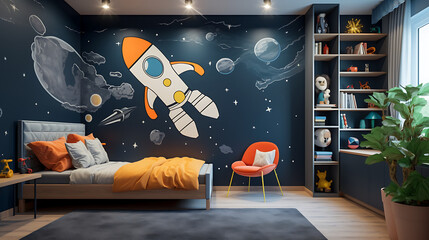 A space-themed children's room with a rocket ship mural on the deep blue wall and a bouquet of...