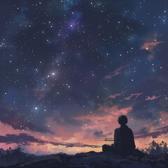an anime picture of person with a star watching in the sky, in the style of realistic landscapes with soft, tonal colors, high resolution, pensive poses, dark palette, expansive, calming, nabis