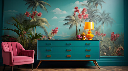 A tropical paradise bedroom with a palm tree mural on the teal wall and a bouquet of vibrant orchids on the dresser.