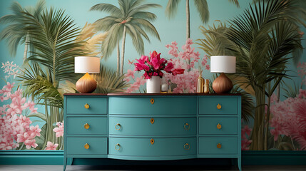 A tropical paradise bedroom with a palm tree mural on the teal wall and a bouquet of vibrant...