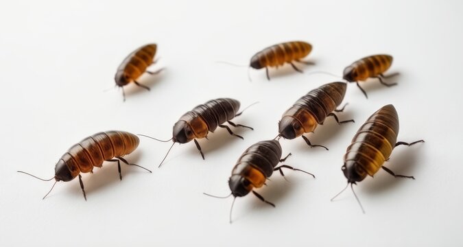  A group of six brown cockroaches on a white surface