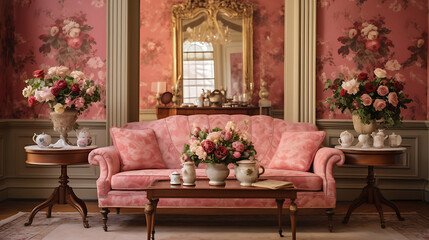 A Victorian-inspired living room with ornate wallpaper on the rose-colored wall and a bouquet of roses on the coffee table.