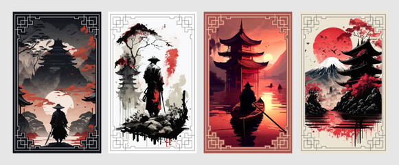 Landscape with hills, sun, lake and fisherman in traditional japanese sumi-e style on vintage watercolor background. Vector illustration. Hieroglyph "harmony"