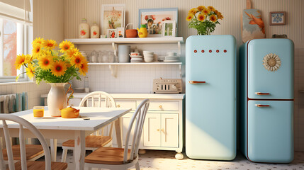 A vintage-inspired kitchen with retro appliances and a gallery wall of vintage recipes, and a...
