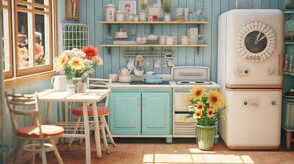 A vintage-inspired kitchen with retro appliances and a gallery wall of vintage recipes, and a bouquet of daisies on the counter.