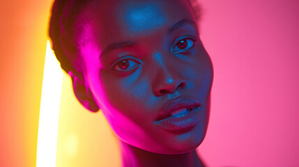 Neon Glow: Vivid Portrait of African Woman in Pink Ambiance