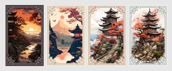Paintings using watercolors and Chinese ink, Landscape with Japanese pagoda and mountains.