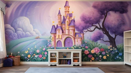 Foto op Canvas A whimsical playroom with a mural of a magical kingdom on the lavender wall and a bouquet of rainbow-colored flowers. © Muhammad