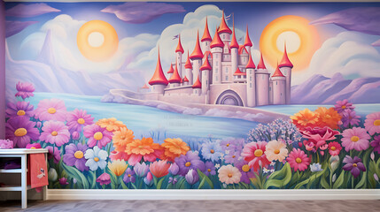 A whimsical playroom with a mural of a magical kingdom on the lavender wall and a bouquet of rainbow-colored flowers.
