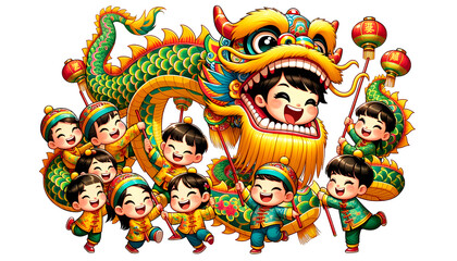 dragon and children dance performance during Chinese New Year