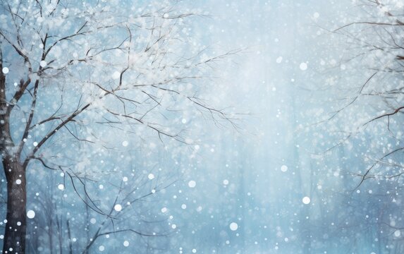 Snowy winter background with ice trees and snowflakes
