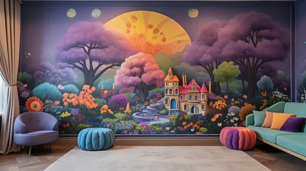 Zelfklevend Fotobehang A whimsical playroom with a mural of a enchanted forest on the lavender wall and a bouquet of rainbow-colored blooms. © Muhammad