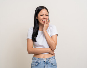 Laughing Beautiful smiling happy young asian woman. Charming female lady standing pose on isolated white background. Attractive Asian attractive woman people looking camera confident with backdrop.