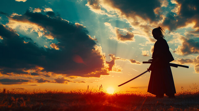 夕日を背に刀を構える侍
