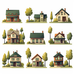 Set of cute houses in cartoon style isolated on white background. Vector illustration.