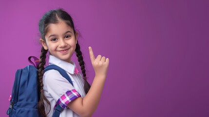 Happy indian kid primary elementary school girl with backpack wearing school uniform pointing fingers aside at copy space advertising products or services. - Powered by Adobe