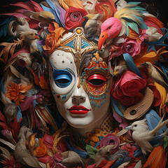 Beautiful carnival mask with feathers and birds on a dark background