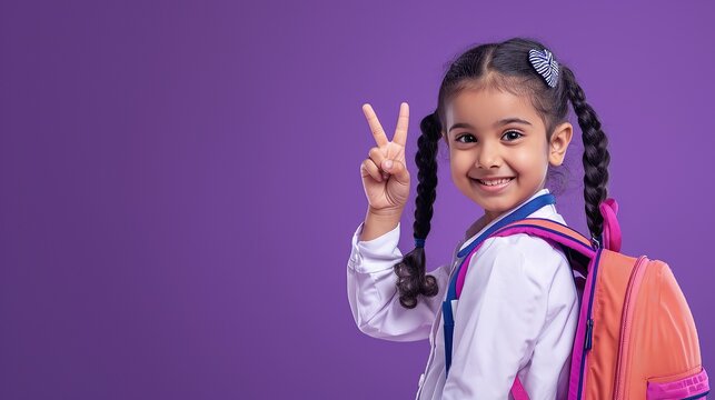 Happy indian kid primary elementary school girl with backpack wearing school uniform pointing fingers aside at copy space advertising products or services.