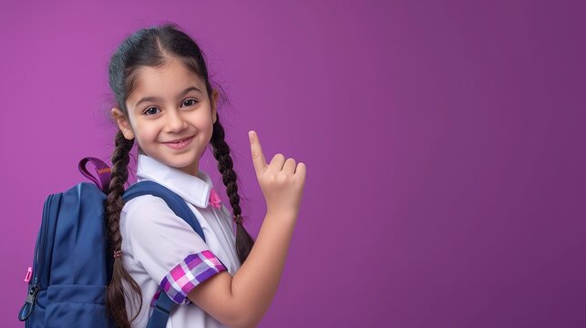Happy indian kid primary elementary school girl with backpack wearing school uniform pointing fingers aside at copy space advertising products or services.