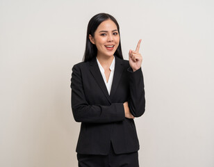 Beautiful young asian business woman in suit. Charming female lady standing pose thinking on isolated white blank background. Asian female office worker have idea with copy space for text advertise