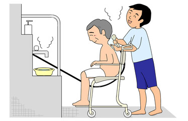 シャワーキャリーに座った高齢男性を男性介護職員が洗身している