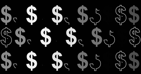 Dollar sign animating motion graphic overlay background for forex intraday trading stock market and cryptocurrency concept. Financial currency money banking growth payment system element in black.