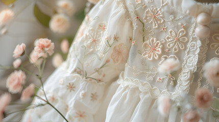 A close-up details of a white baby dress with exquisite floral embroidery, displayed in a natural setting with soft lighting. generative ai