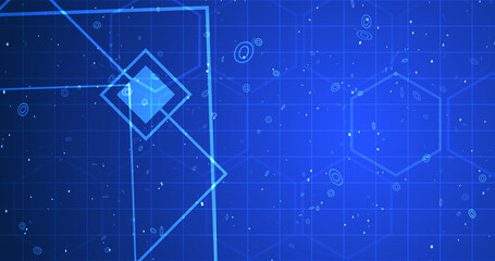 Hexagon network with square geometry shapes moving. Innovation science tech loop. Blinking polygons mesh futuristic chemistry molecules atom movement. Global cyber worldwide connections concept bg.