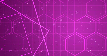 Hexagon network with square geometry shapes moving. Innovation science tech loop. Blinking polygons mesh futuristic chemistry molecules atom movement. Global cyber worldwide connections concept bg.