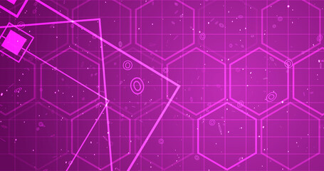 Hexagon network with square geometry shapes moving. Innovation science tech loop. Blinking polygons mesh futuristic chemistry molecules atom movement. Global cyber worldwide connections concept bg.