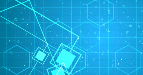 Hexagon network with square geometry shapes moving. Innovation science tech loop. Blinking polygons mesh futuristic chemistry molecules atom movement. Global cyber worldwide connections concept bg.