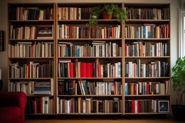 Books on large bookshelf in a room - obrazy, fototapety, plakaty