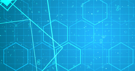 Hexagon network with square geometry shapes moving. Innovation science tech loop. Blinking polygons mesh futuristic chemistry molecules atom movement. Global cyber worldwide connections concept bg.