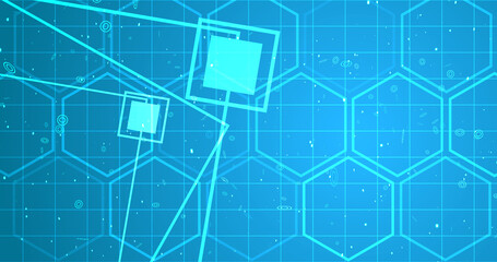 Hexagon network with square geometry shapes moving. Innovation science tech loop. Blinking polygons mesh futuristic chemistry molecules atom movement. Global cyber worldwide connections concept bg.