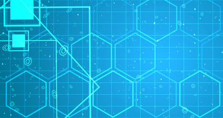 Hexagon network with square geometry shapes moving. Innovation science tech loop. Blinking polygons mesh futuristic chemistry molecules atom movement. Global cyber worldwide connections concept bg.