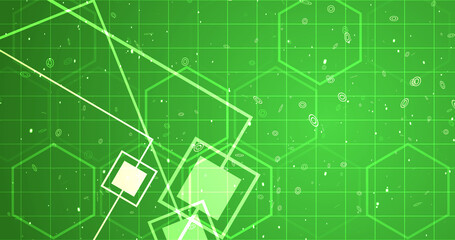 Hexagon network with square geometry shapes moving. Innovation science tech loop. Blinking polygons mesh futuristic chemistry molecules atom movement. Global cyber worldwide connections concept bg.