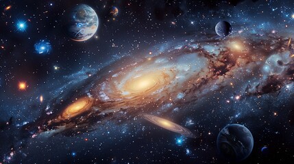A view from space to a spiral galaxies planets and stars. Universe filled with stars, nebula and galaxy background, wallpaper