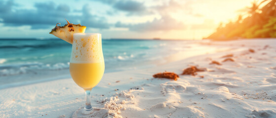 Refreshing pina colada on a tropical paradise beach with sunny summer vibes - obrazy, fototapety, plakaty