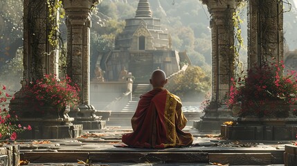 A solitary monk in deep meditation at an ancient temple, enveloped by the warm glow of sunrise, amidst ruins and blooming flowers. Spiritual guides.