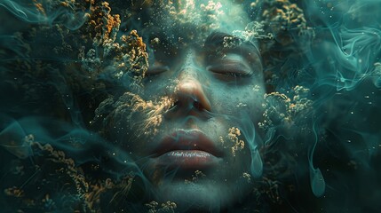 A woman's face sleep submerged under fog, surrounded by ethereal blooms and tendrils of light, creating a tranquil and otherworldly visage. - obrazy, fototapety, plakaty