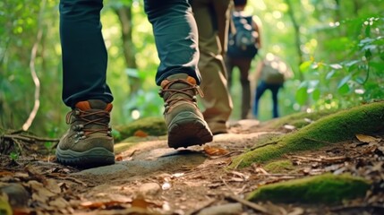 jungle trekking, group of hikers backpackers walking together outdoors in the forest,