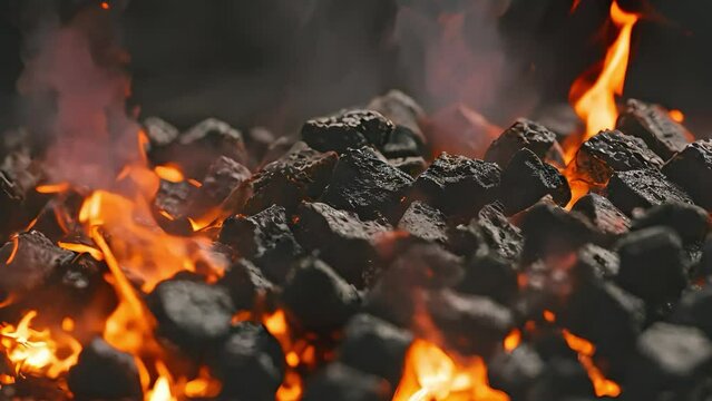 Coal burning, fire in the fireplace, burning wood, video background	