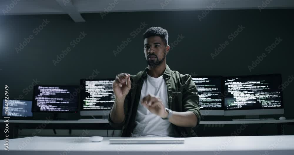 Leinwandbilder Software development, virtual screen and man coding machine learning AI, cloud computing system or code. Night, developer and coder problem solving server, database or work late on big data security