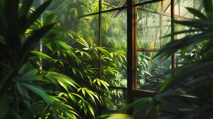 Vibrant green cannabis plants thrive in a meticulously maintained greenhouse