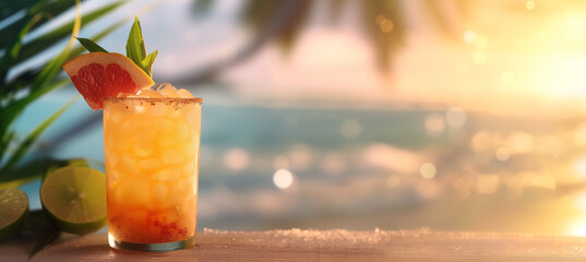 Refreshing bahama mama cocktail in tropical paradise with copy space
